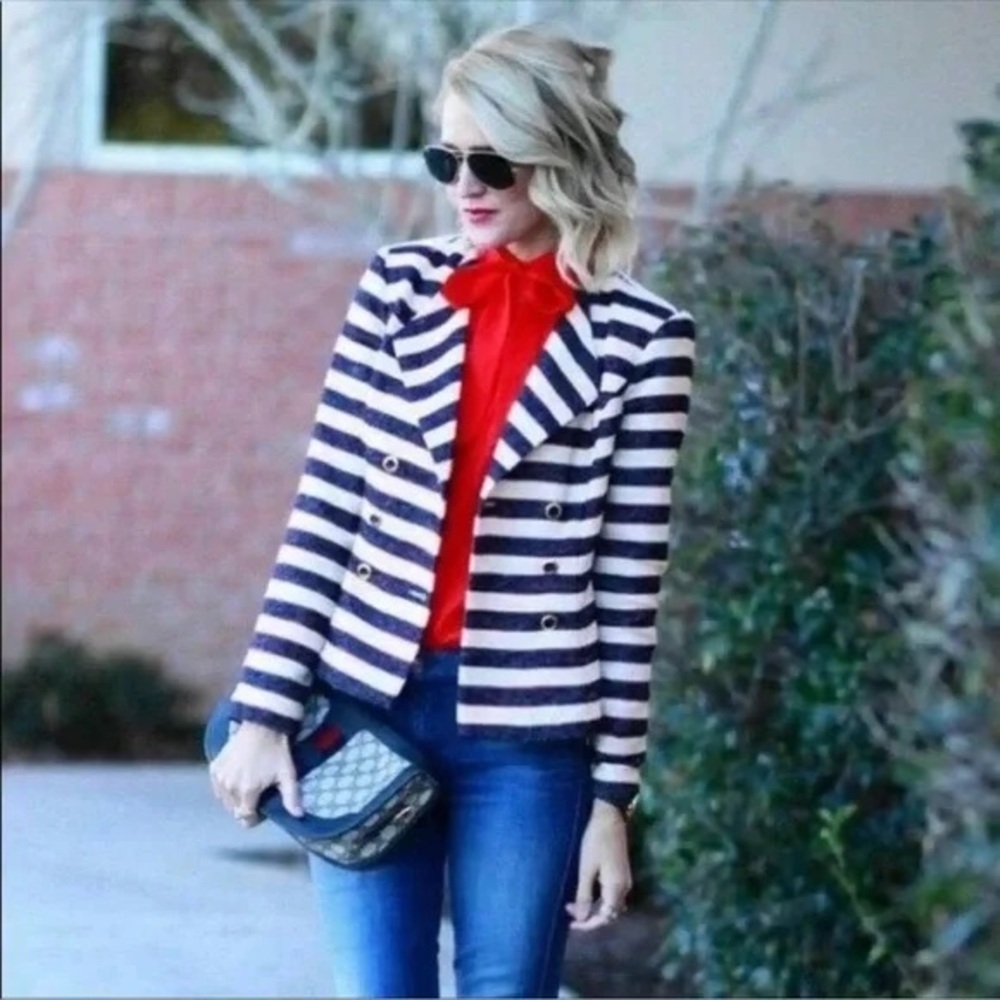 CAbi Navy and White Striped Blazer